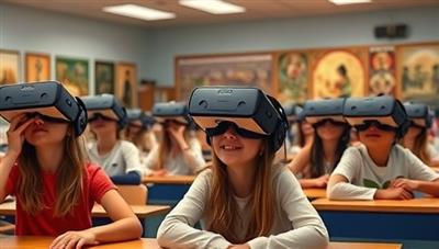 A classroom setting with students wearing VR headsets, fully immersed in a virtual reality field trip to an ancient civilization, with digital artifacts and historical figures coming to life around them, creating an engaging and interactive learning environment.