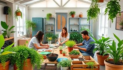 An engaging virtual sustainable living workshop scene with participants learning about composting, recycling, and upcycling techniques, surrounded by green plants, eco-friendly products, and reusable materials, inspiring a sense of environmental stewardship and community action.