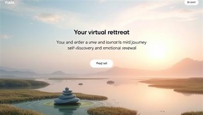 A serene digital landscape featuring a tranquil virtual retreat space with calming nature visuals, soothing music, and mindfulness quotes, inviting participants to unwind and embark on a journey of self-discovery and emotional renewal.