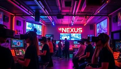 A futuristic gaming lounge filled with neon lights, futuristic VR headsets, and customers immersed in virtual reality worlds, capturing the excitement and innovation of the VR Nexus experience.
