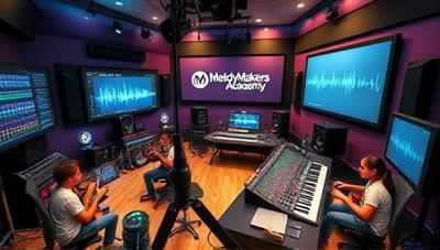An artistically designed virtual music studio environment with students immersed in music production activities, surrounded by musical instruments, sound mixers, and digital screens displaying audio waveforms, illustrating the creative and collaborative atmosphere of MelodyMakers Academy.