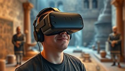 An individual wearing a VR headset, fully immersed in a virtual historical setting, surrounded by digital representations of ancient artifacts and historical figures, creating a captivating and educational experience through TimeWarp VR.