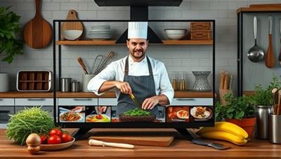 A virtual cooking class session with a chef demonstrating a recipe and guiding participants through cooking techniques via a live stream, with fresh ingredients, kitchen tools, and cooking utensils arranged in the background, showcasing interactive and engaging online culinary experiences.