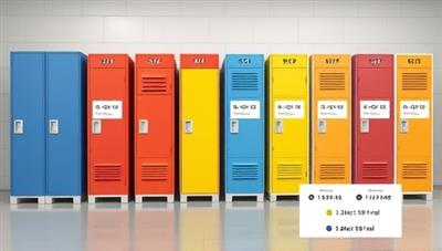 A digital mockup showcasing a variety of colorful and customizable storage lockers with digital interfaces for selecting sizes and rental durations, illustrating the versatility and convenience of the service.
