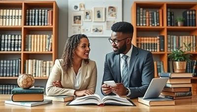 An inspiring visual of a mentor and mentee engaged in a virtual coaching session, surrounded by legal books and career development resources, symbolizing guidance, growth, and empowerment in the legal profession through mentorship and coaching.