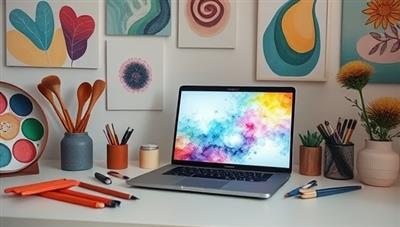 A calming and creative art studio setup with art supplies, a laptop displaying a virtual art therapy session in progress, surrounded by soothing colors and artwork, evoking a sense of tranquility and emotional expression through art.