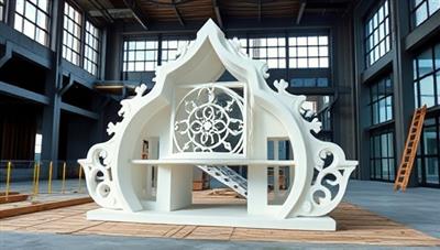 An artistic 3D-printed architectural element displayed in a modern construction setting, showcasing the intricate design and customizability of 3D printed components, highlighting PrintCraft's unique approach to construction innovation.