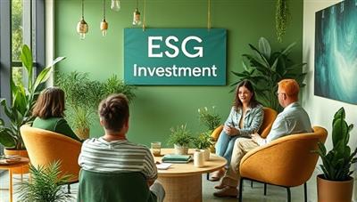 An artistic representation of a green-themed coaching session with a financial coach discussing ESG investment strategies with a group of clients, surrounded by eco-friendly materials and plant decor, symbolizing the alignment of finance with sustainability and ethical values.