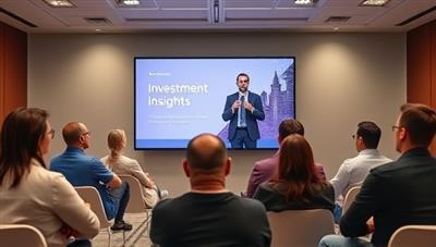 A virtual event setup featuring a dynamic speaker presenting investment insights on a large screen, surrounded by engaged participants from diverse backgrounds, symbolizing knowledge sharing and networking in the virtual workshop.