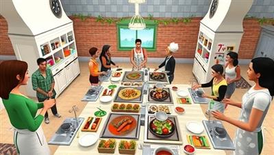 A vibrant virtual kitchen setting with multiple cooking stations, each showcasing a different cuisine or cooking style, surrounded by a diverse group of avatars exchanging recipes, sharing tips, and enjoying the culinary learning experience, conveying the joy of cooking and community in a digital space.