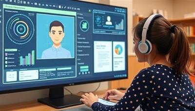 An AI-powered virtual tutor interacting with a student on a digital screen, analyzing data and providing personalized learning recommendations, while the student engages with educational materials, showcasing the platform's adaptive and interactive features.
