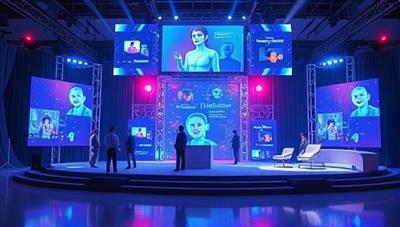 An imaginative virtual event setup with holographic displays, interactive avatars, and a futuristic digital stage, symbolizing innovative virtual event planning.