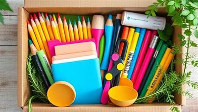 An aesthetically pleasing image of a colorful array of eco-friendly school supplies neatly arranged in a box, surrounded by greenery and natural elements, conveying a sense of sustainability and mindful consumption.
