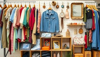 An aesthetically pleasing grid layout of various thrifted items such as retro clothing, vintage decor, and unique accessories, creating a visually appealing and sustainable shopping experience.