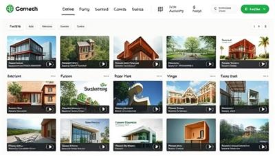 An online learning platform interface showcasing a diverse range of sustainable architecture courses, featuring interactive modules, video tutorials, and downloadable resources, promoting eco-conscious design education and professional development.