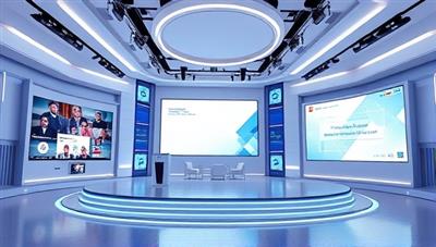 A futuristic virtual event space rendered in 3D, featuring digital screens, interactive elements, and a stage setup for a virtual conference, conveying professionalism and innovation in virtual event planning services.
