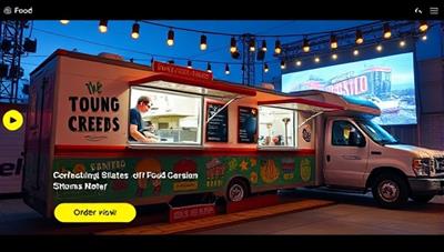 An immersive virtual food truck rally scene with vibrant food truck graphics, interactive ordering buttons, and a live streaming stage showcasing chefs preparing signature dishes, creating a dynamic and engaging online food festival experience.