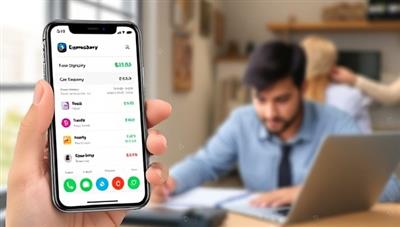 An illustrative image of a smartphone displaying the ExpenseSavvy app interface, showcasing various expense categories and a user-friendly design, with a background of a busy freelancer at work, highlighting the convenience and efficiency of the app.