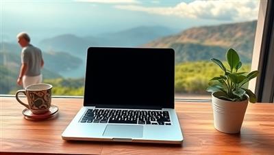 An inspiring digital nomad workspace with a laptop, a cup of coffee, a plant, and a scenic virtual background, reflecting the freedom and flexibility of remote work lifestyle.