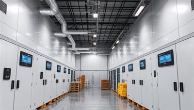 A modern temperature-controlled warehouse interior with specialized cooling systems, digital temperature monitors, and neatly arranged products that require specific storage conditions, emphasizing the precision and reliability of ChillZone Storage for sensitive inventory.