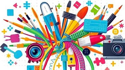 A colorful and dynamic digital collage featuring various creative elements such as paintbrushes, cameras, musical instruments, and code snippets intertwining to symbolize the exchange of diverse skills and talents within the SkillSwap Studio community, inspiring creativity and collaboration.