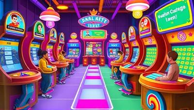 A vibrant and colorful game interface featuring diverse avatars navigating through financial challenges and quizzes in a virtual arcade setting, with animated characters representing financial concepts and rewards, creating an immersive and interactive learning experience on the WealthQuest Arcade platform.