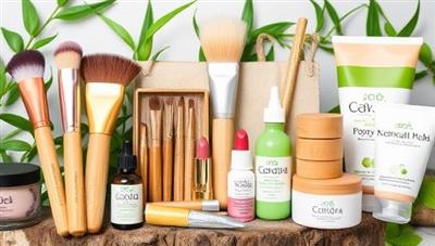 A visually appealing collage of sustainable beauty products like bamboo makeup brushes, refillable lipstick containers, and biodegradable skincare packaging, arranged in a nature-inspired setting to convey the eco-friendly ethos and product variety offered by EcoGlam Hub.