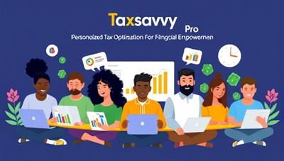 A vibrant illustration of a diverse group of individuals using the TaxSavvy Pro software on different devices, with colorful graphs and tax-related icons, conveying the idea of personalized tax optimization and financial empowerment.