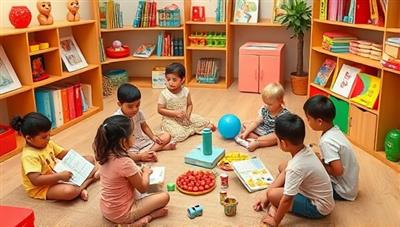 A vibrant playgroup setting with children engaged in language activities and games, accompanied by colorful language props, books, and cultural elements, creating a stimulating and immersive language learning environment.