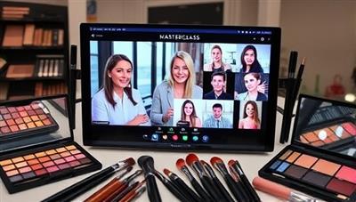 A digital screen displaying an online beauty masterclass session with industry experts sharing tips and techniques, surrounded by makeup palettes, brushes, and beauty tools, creating an immersive and educational beauty learning experience.