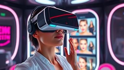 A futuristic virtual reality makeup try-on experience, featuring a user wearing VR goggles and virtually applying different makeup looks on a digital mirror, surrounded by a sleek and modern VR environment, highlighting the innovation and excitement of the app.