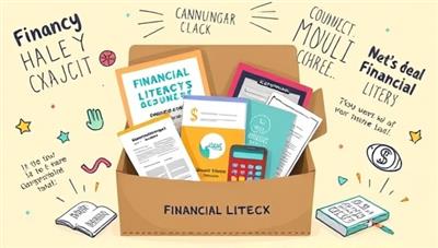 An appealing subscription box design featuring financial literacy materials like books, worksheets, calculators, and interactive tools, surrounded by motivational quotes and illustrations, creating a sense of excitement and learning in each box.