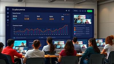 An engaging online dashboard displaying real-time cryptocurrency prices, educational videos playing in the background, and a diverse group of students interacting in virtual classrooms, symbolizing learning and growth in the crypto space.