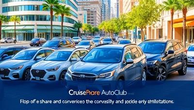 An engaging image showcasing a diverse lineup of vehicles, from compact cars to premium SUVs, parked in a vibrant city setting with happy members accessing and enjoying the convenience of the CruiseShare Auto Club platform, capturing the essence of variety and accessibility.