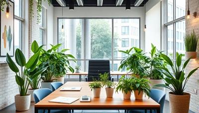 A modern office setup with eco-friendly elements like plants, recycled paper, and energy-efficient lighting, symbolizing a sustainable and environmentally conscious consultancy firm in action.