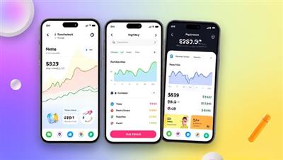 An engaging and visually appealing app interface displaying colorful investment portfolios, real-time performance data, and social sharing features, creating a sense of community and transparency in investing.