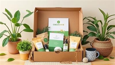 An artistic representation of a sustainable lifestyle setting with eco-friendly products and green living essentials arranged in a stylish subscription box, symbolizing the curated and conscious consumer experience offered by GreenHive Box's eco-friendly subscription service.