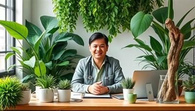 An inviting virtual plant consultation setup with a plant expert surrounded by lush greenery, diagnostic tools, and care equipment, exuding a sense of expertise and plant care passion within the PlantWhisper Consult space.