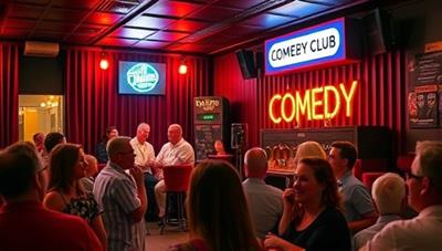 A lively scene at a comedy club with a stage, microphone, audience members laughing, and a sign displaying 