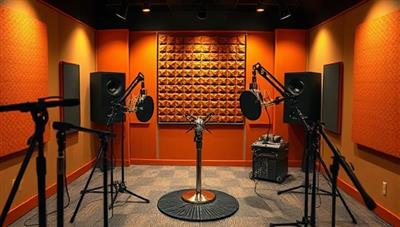 An artistic depiction of a podcasting studio with microphones, soundproofing panels, and recording equipment, reflecting a professional and engaging environment for producing high-quality real estate podcasts that inform, entertain, and inspire listeners.