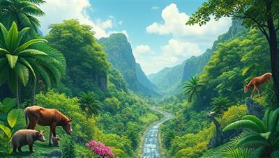 An immersive digital illustration featuring a virtual eco-tour through lush green landscapes with diverse wildlife, emphasizing the importance of conservation and sustainable travel practices in EcoVoyageVirtual's eco-tourism experiences.