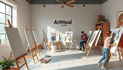 A serene and calming virtual art studio environment with easels, paint palettes, and soothing art supplies, accompanied by virtual participants engaging in therapeutic art activities, conveying a sense of healing and self-expression at ArtHeal Studio.