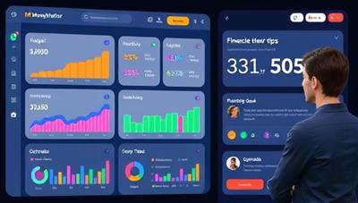 An interactive interface showcasing the MoneyMentor AI platform with colorful graphs, budget breakdowns, investment suggestions, and financial goal trackers, alongside a user receiving personalized finance tips and recommendations, conveying the user-friendly and informative nature of the personal finance assistant.