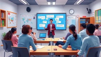 A captivating digital illustration showcasing a virtual language classroom environment with diverse students interacting with a virtual tutor, engaging in language exercises and cultural discussions, creating a dynamic and immersive language learning experience within a virtual setting.