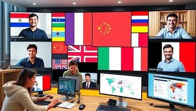 A vibrant virtual language exchange setting with users from different cultures engaging in language practice sessions, virtual flags representing various countries, and language learning resources displayed on screens, fostering a sense of global connection and learning.