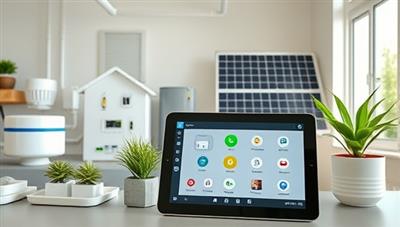An eco-friendly smart home setup with energy-saving devices, solar panels, and smart home controls displayed on a tablet interface, demonstrating the sustainable and tech-savvy lifestyle promoted by GreenSmartLiving's consultancy services.