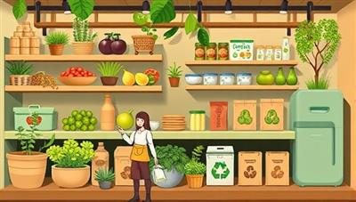 An eco-friendly marketplace design featuring a virtual pantry stocked with organic produce, reusable kitchenware, sustainable packaging, and a recycling station, illustrating a harmonious blend of green products and conscious consumption in a digital ecosystem.