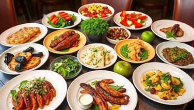 An array of beautifully plated plant-based meals showcasing a variety of colors, textures, and flavors, presented in an elegant dining setting, highlighting the gourmet and customizable nature of the plant-based food products offered by the business.