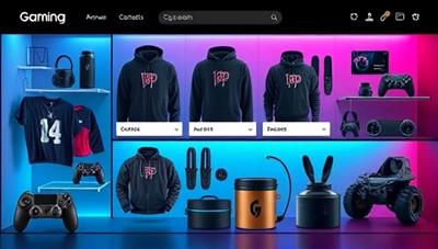 An aesthetically designed online marketplace interface showcasing a variety of gaming merchandise, including stylish apparel, unique accessories, limited-edition collectibles, and customizable items, creating a vibrant and engaging shopping environment for gaming enthusiasts.