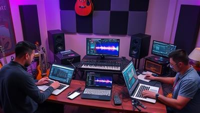 An artistic depiction of a virtual music production workshop, featuring participants engaged in creating music tracks on laptops, surrounded by musical instruments, recording equipment, and digital audio workstations, capturing the collaborative and creative essence of online music production sessions at MelodyCraft Studio.